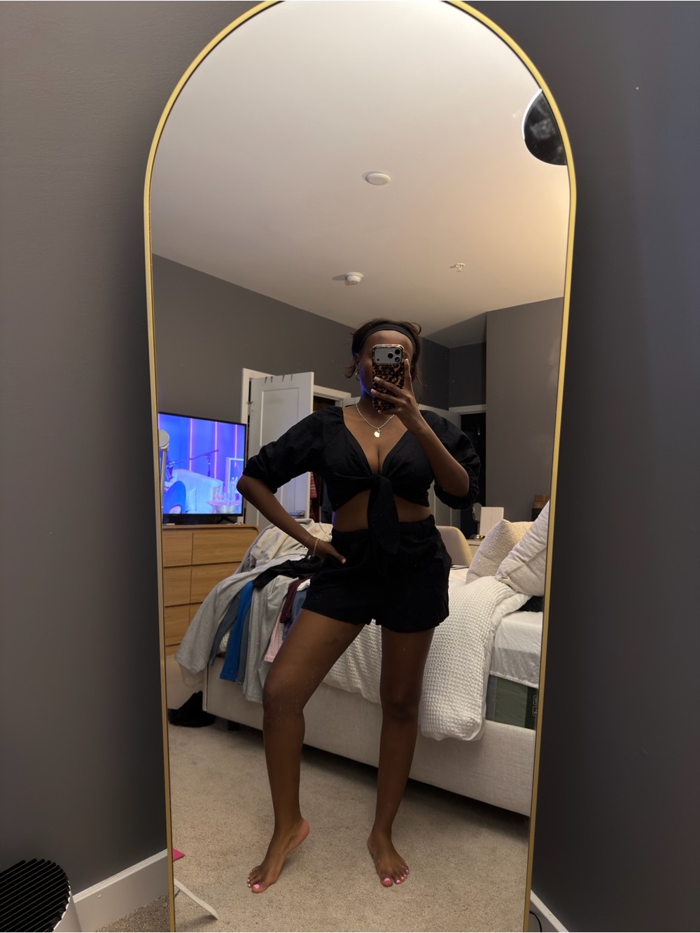 Women’s Black Two Piece Set. Tie-Front Top &  Shorts